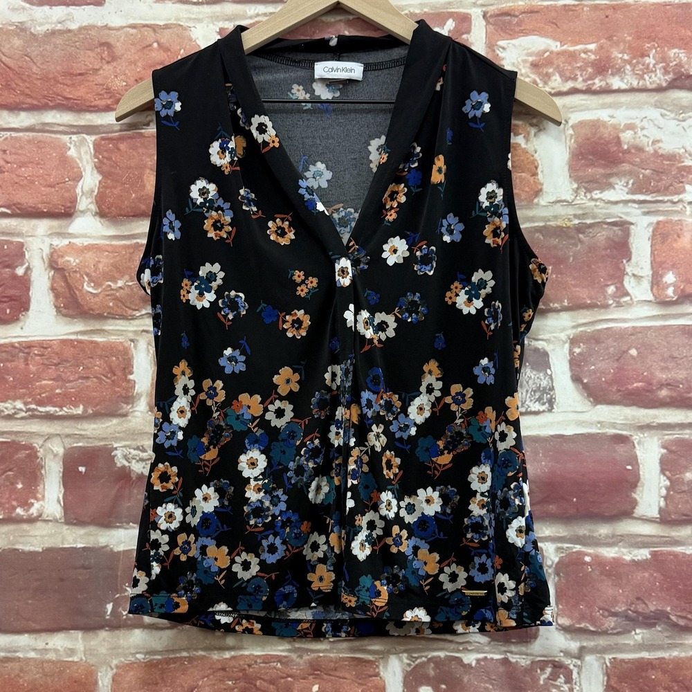 Calvin Klein Top Womens Large Petite Black Multicolor Garden Floral Casual Shirt